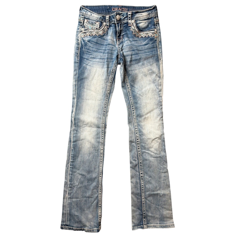 Grace in LA Jeans Womens 27 Bootcut Blue Peacock Embroidered Sequin Mid Rise
